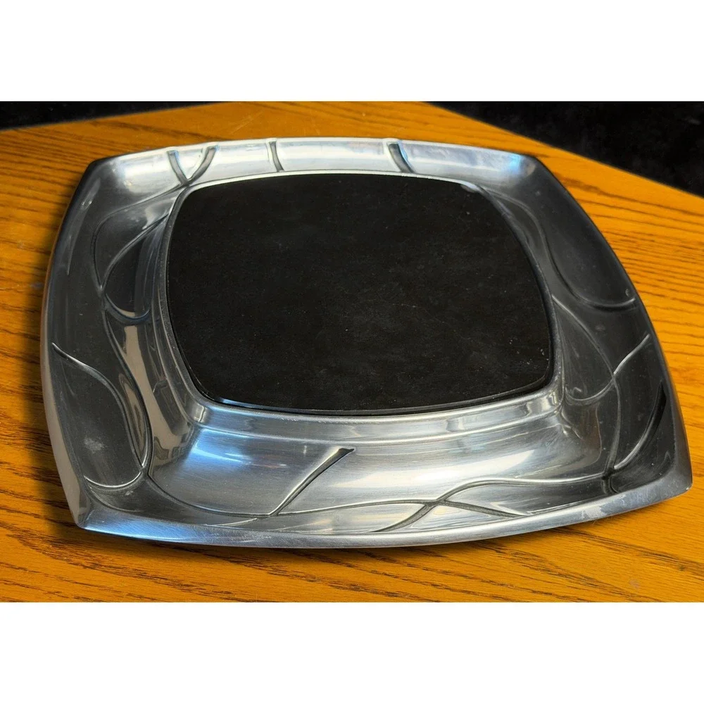 Lenox Metal and Stone Square Serving Tray Trivet: Two Piece Set, Silver/Black